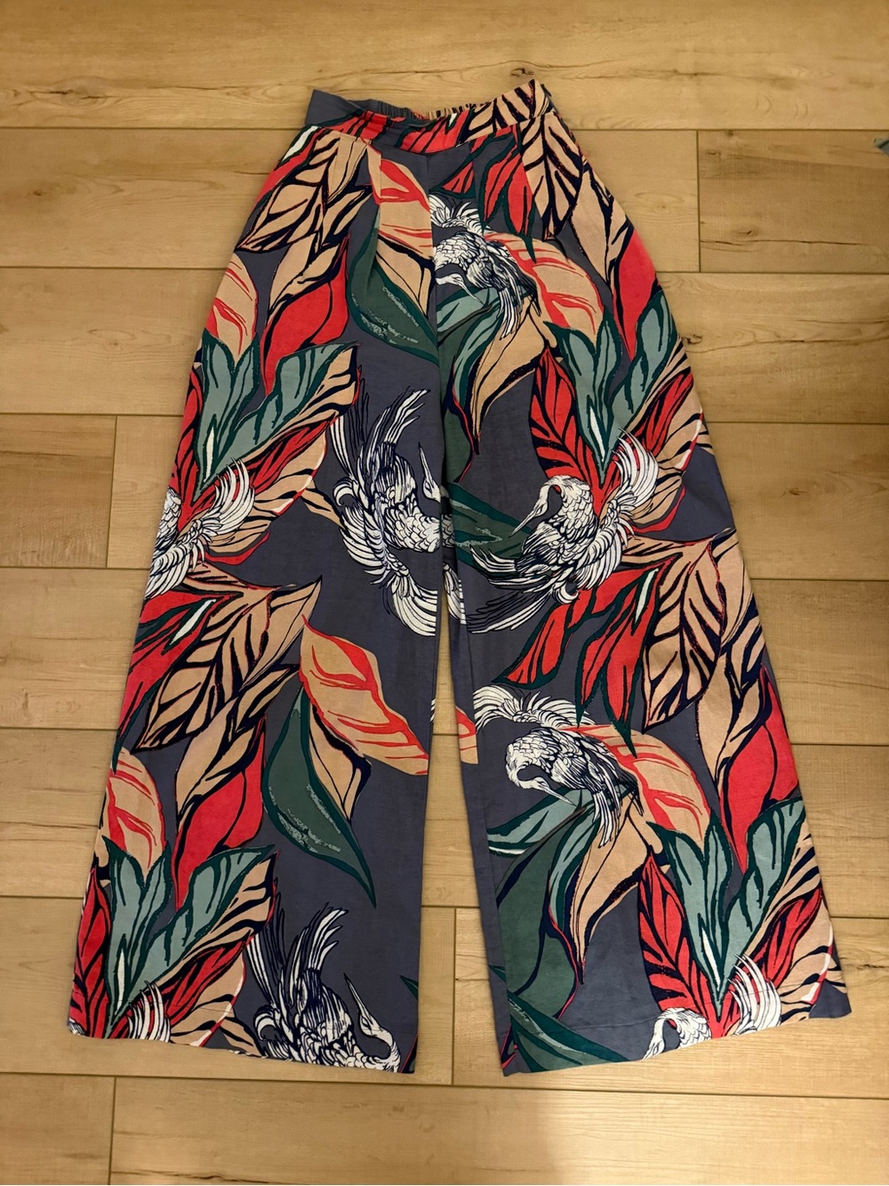 Bel Kazan Women’s 100% Cotton Wide-Leg Tropical Birds Pants Blue Red XSmall
